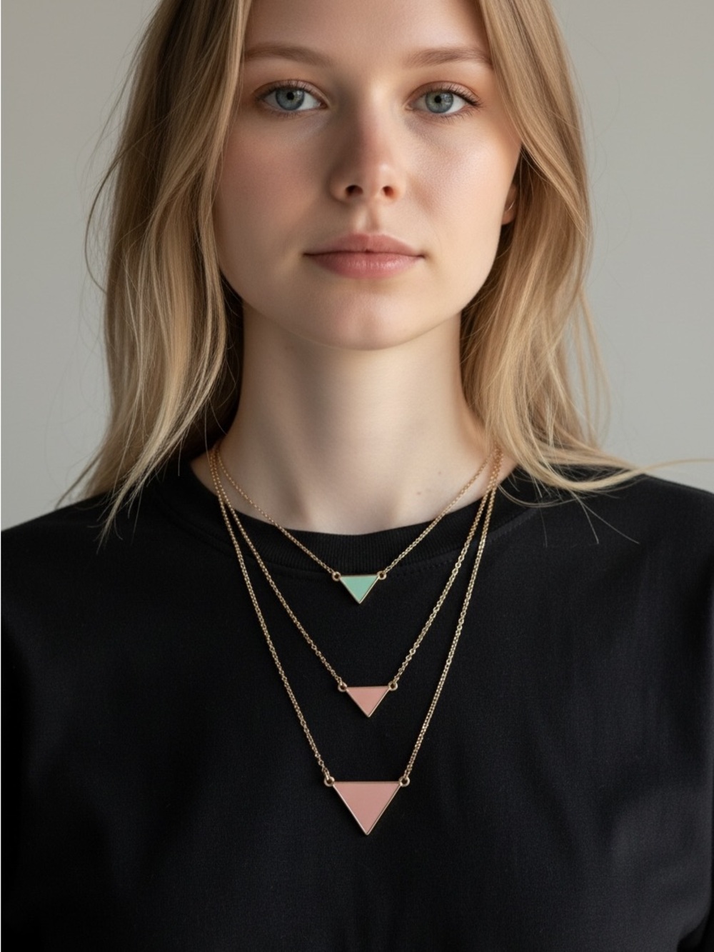 10/3 Layered Gold Triangle Pendant Necklace Set in Mint and Blush - Women Jewelr